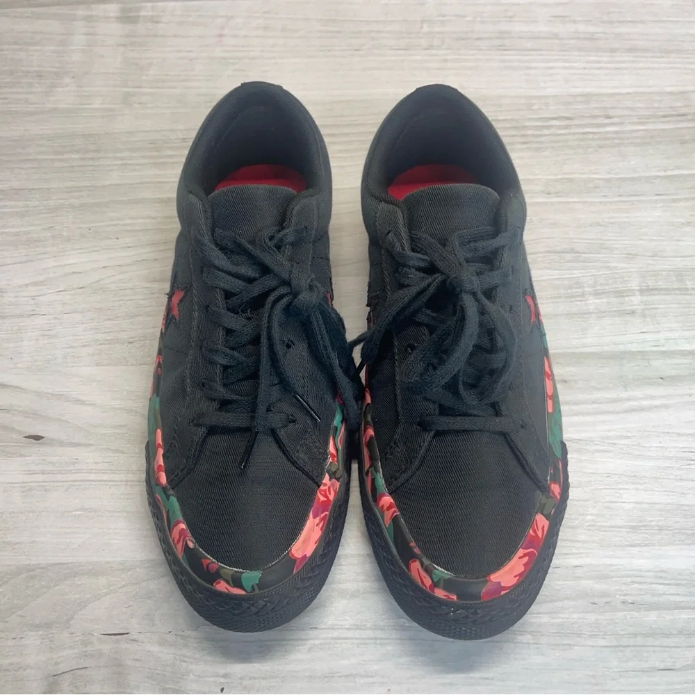 Converse One Star Ox Black Red Floral Low Top Lace Up Sneakers Kids Girls Size 4